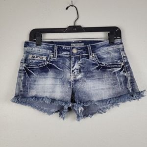 Soundgirl Womens Blue Regular Fit Raw Hem Acid Wash Fringe Cutoff Shorts Size‎ 7